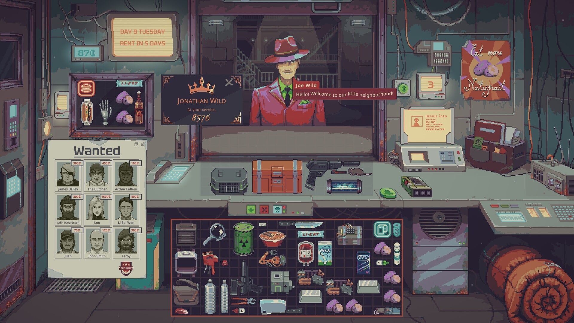 Shop counter scene from Probably Stolen with a shopkeeper handing goods to a customer